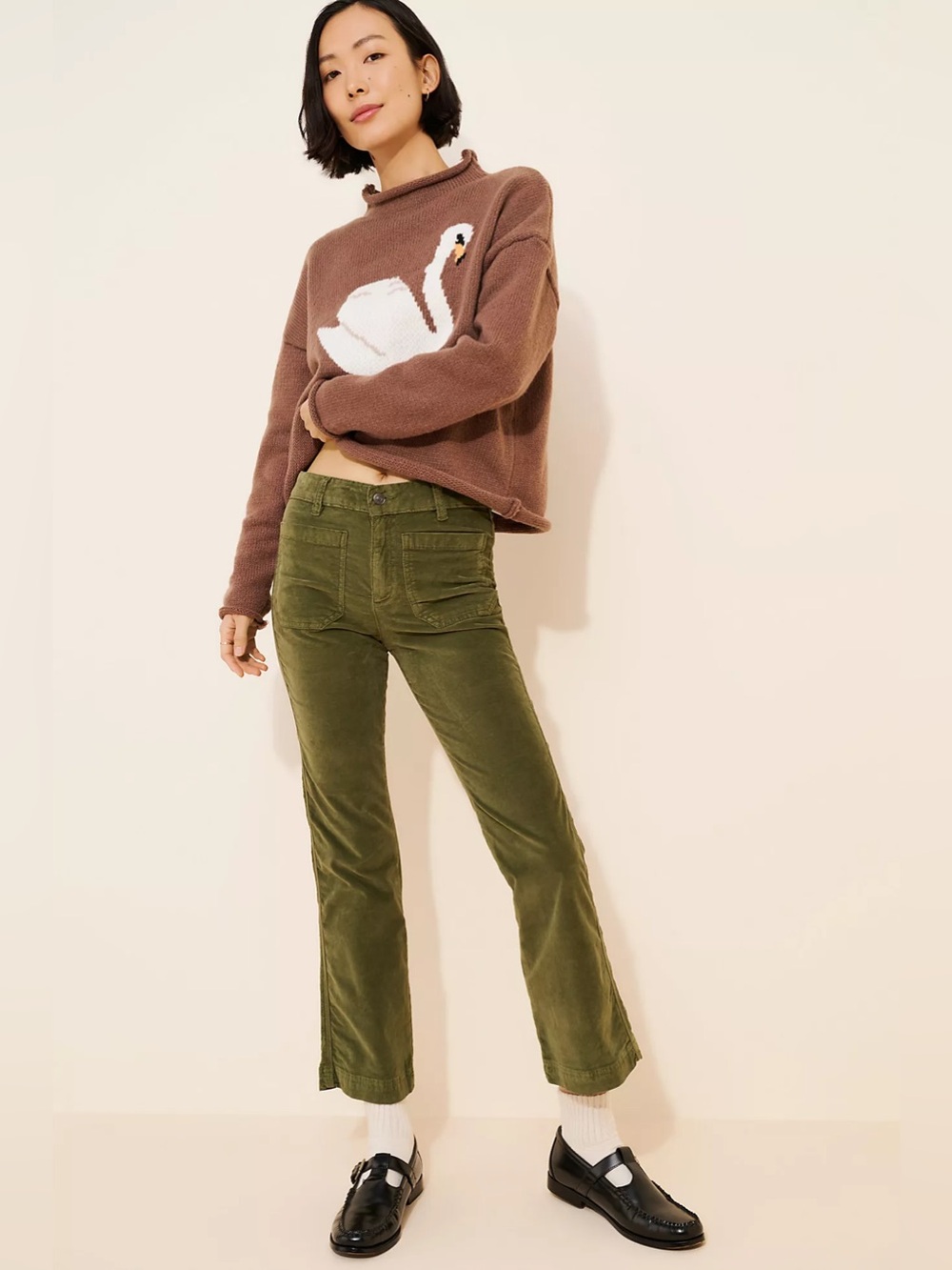 NWT Free People High Time Velvet Kick Flare Pants Olive Green